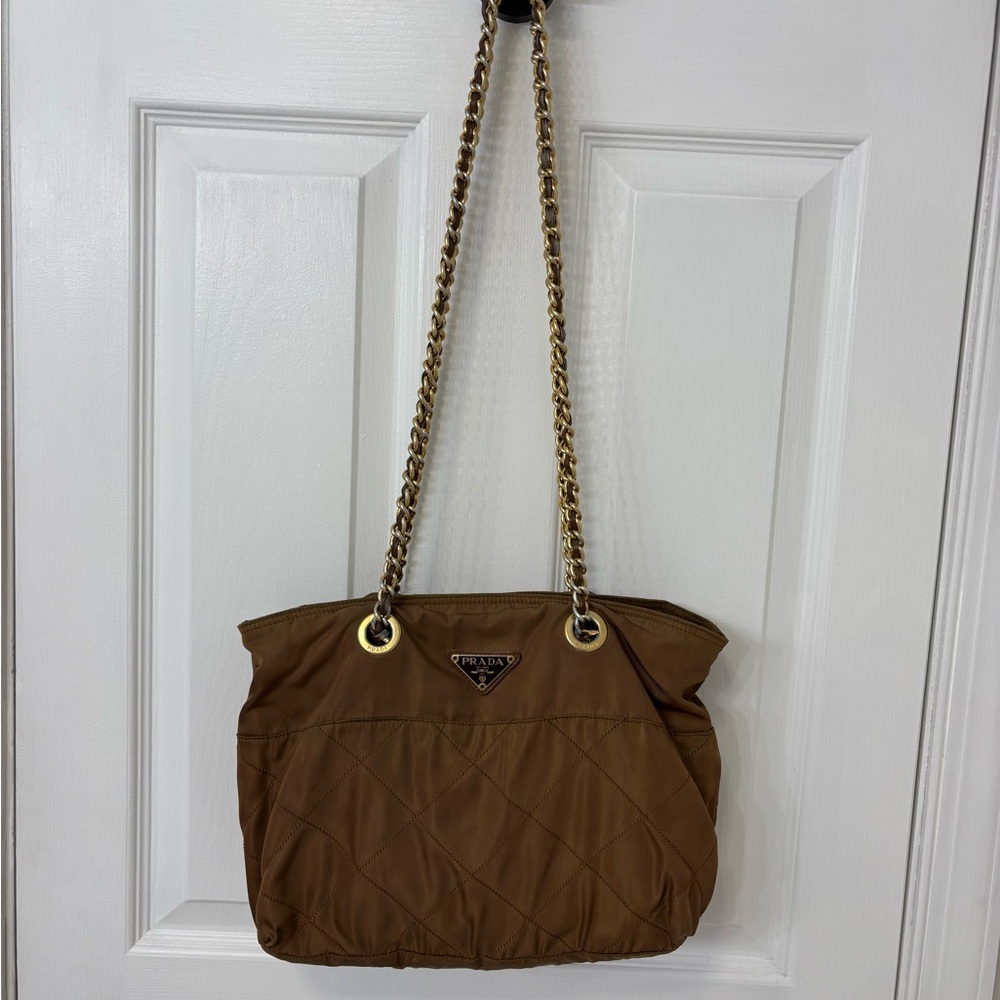 Prada Tan Quilted Shoulder Bag with Gold Chain